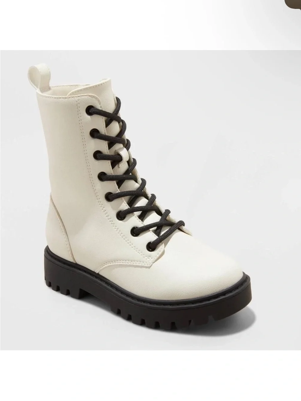 Kids Cream Lace-Up Combat Boot with Black Sole